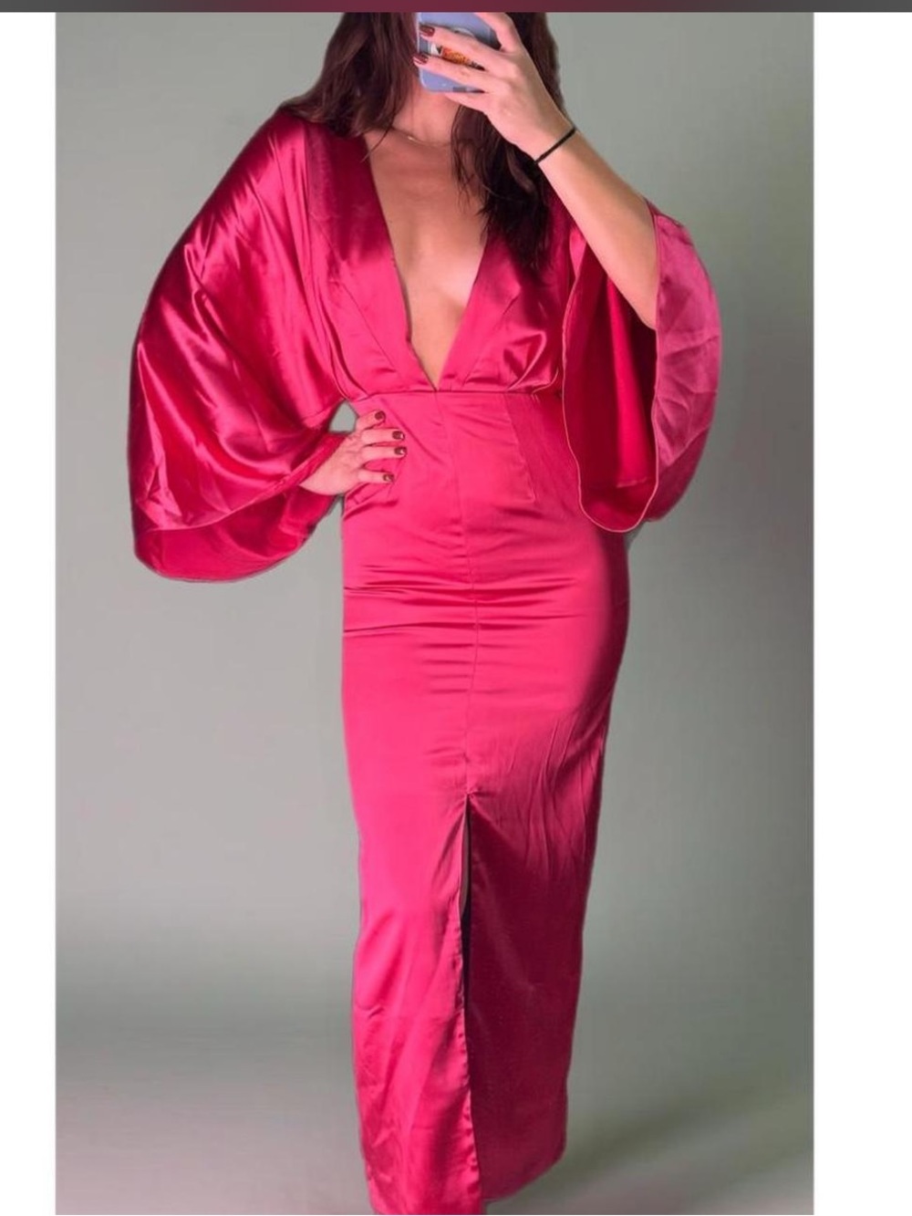 Hot Pink Satin Maxi Dress with Deep V Neckline & Flared Sleeves - NEW WITH TAGS - Picture 2 of 5